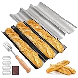 BORDEAG Baguette Backform, 2er Set Baguetteblech für 3 Baguettes mit Bäckermesser, Antihaftbeschichtung Baguette-Backblech, Baguette Blech, Brot Backen Zubehör, 38x24cm