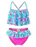 IKALI Mädchen Bademode Bikini Set, 50 UPF UV Sonnenschutz Flamingo Badeanzug, Kleinkind Sommer Strand Sport, Blau, 122/6X