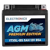 Electronicx AGM Motorradbatterie YTX5L-BS 12V 5Ah 85A – wartungsfreie, versiegelte, auslaufsichere, vibrationsfeste Starterbatterie – kompakt – für Motorrad, Roller, Quad und ATV geeignet