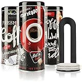 com-four® 3X Kaffeepaddose und 1x Padheber - Metalldose für Kaffeepads - Aufbewahrungsbehälter mit Deckel für Kaffee, Tee, Kekse - Blech-Dekodose im modernen Vintage-Design (4-TLG Set - schwarz)