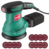HYCHIKA Exzenterschleifer, 300W Schleifmaschine 6000-13000 U/min, 6 Gänge, mit 12pcs Schleifpapier (8 Löcher, 125mm), Schleifer mit Absaugung, Staubfangbehälter