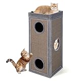 GOPLUS Kratztonne mit 3 Höhlen, Kratzbaum mit 3 Verstecken, Sisal-Kratzbretter & obere Schlafplattform mit abnehmbarem Kissen, 4-stöckige Katzenhaus für große & kleine Katzen