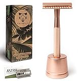 ANYMALE® Rasierhobel Rosegold Edition - Damen Set mit Ständer und 5 ASTRA Klingen - Plastikfreier Rasierer aus Metall
