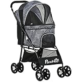 PawHut Hundewagen, faltbarer Hundebuggy, Hundetrolley mit Kissen, Katzenbuggy, Katzenwagen mit 4 Rädern, Netzfenster, Stauraum für kleine Hunde, Katzen, 600D Oxford, Schwarz