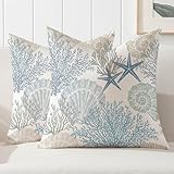 Kissenbezug Outdoor Kissen Wetterfest Gartenkissen Wasserfest Seestern Algen Cushion Covers 50 x 50 cm Grau Blau Kissenhülle Dekorative für Gartenbett Sofa Couch Terrasse Stuhlkissen Balkon 2 Stück