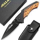 Jellas Klappmesser mit Spitzer und Gürteltasche, Taschenmesser mit Schwarz Beschichteter 9Cr18-Klinge, Outdoor Messer für Camping, Jagd, Angeln mit Holzgriff, KN02