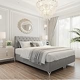 Boxspringbett GracePLUS 160x200 Grau Doppelbett Bett mit Bonellmatratze Topper und Bettkasten Glamour Polsterbett mit silbernen 12 cm Beinen Modern Schlafzimmer Vintage Schlafzimmerbett