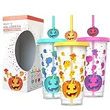 Halloween-Kaltbecher, 710 ml, Halloween-Farbwechsel-Becher mit Deckel und Strohhalmen, wiederverwendbare Halloween-Kürbisbecher, Halloween-Kunststoffbecher für Eiskaffee, Smoothie, Milchshake, 3 Stück