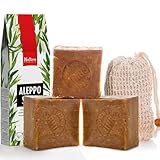 Natura Germania Aleppo Seife 3x je ca. 200 gr (600 gr) 100% Olivenöl + Sisal Seifensäckchen | - Haarseife, Naturseife, Duschseife | Handarbeit + Vegan
