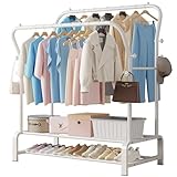 SMILOVII Kleiderständer, Multifunktional Garderobenständer, Freistehender Doppelruten Kleiderbügel für schlafzimmer Kleiderständer, Stabil Kleiderstange mit 8 Haken und 2 Schuhregal metall, weiß