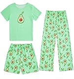 Fanient Mädchen Schlafanzüge Grüne Avocado Drucken Pyjama Dreiteiliger Pyjama Sets Kinder Kurzarm Nightwear Set 9-10 Jahre