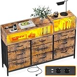 ODK Kommode mit Schubladen, Komodenschrank mit 2 Steckdosen, 2 USB und 10 Farbigen LED-Streifen, Kommode mit Regal Arbeitsplatte mit 9 Stoff Schubladen für Schlafzimmer Wohnzimmer, 130 * 30 * 97cm