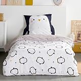 Bettwäsche Set Pinguin 2-teilig - 135x200 cm Deckenbezug & 80x80 cm Kissenbezug mit Flügeln - Kinderbettwäsche schwarz weiß - 100% Baumwolle mit Reißverschlüssen - Renforcé Qualität, Oeko-Tex