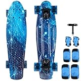Arrow Board - 22 Zoll Skateboard, KMX Mini Cruiser Skateboard für Kinder, Jugendliche, Junge und Mädchen, Retro Stil Penny Board. LED Leuchtrollen (22 Zoll Galaxie Geschenkset LED-Räder)