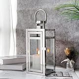 TRIROCKS Set Aus 3 Edelstahl Kerzenlaternen 48 cm Hoch Metallkerzenhalter Mit Klaren Glasscheiben Für Heimdekoration Wohnzimmer Partys Veranstaltungen Tischplatte Innen Außen (Weiß)