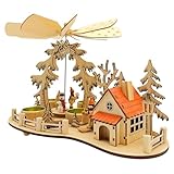 Wichtelstube-Kollektion Weihnachtspyramide Teelichtpyramide mit Räucherhaus Ski Pyramide Weihnachten für Teelichter, Skifahrer Echtholz Räuchermännchen Neu 2024 mit 4 Teelichtern