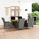 Gecheer 7-TLG. Garten Essgruppe 6 Personen, Sitzgruppe Terrasse, Esstisch + Gartensessel mit Liegefunktion, Sitzgarnitur Poly Rattan Hellgrau