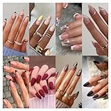 XYUH 8 Packungen (192 Stück) Künstliche Nägel, Nägel Zum Aufkleben, Press On Nails, Fake Nails, Mandelquadrate und Französische Kurze Künstliche Nägel, Nagelset für Frauen und Mädchen