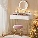 VASAGLE Schminktisch mit Hocker und Beleuchtung, Steckdosenleiste, Spiegel, Frisiertisch, 40 x 80 x 134,8 cm, Kosmetiktisch mit Schubladen, gepolsterter Sitzhocker, mattweiß-blassgold RVT019W01