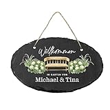 Geschenke 24 | Schiefertafel für den Garten (oval) | personalisiert mit bis zu zwei Wunschnamen | Türschild zum Aufhängen | individuelle und dekorative Geschenkidee | für Gartenliebhaber