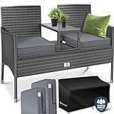 KESSER® Polyrattan Gartenbank 2-Sitzer Bank mit integriertem Tisch, 143×63×88 cm - Rattan Sitzbank Garten Balkon Gartensofa wetterfest Sitzgruppe Ultra Stabile, inklusive Kissen und Cover, Anthrazit
