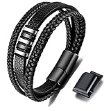 Gkmamrg Geschenk für Männer - Herren Armband - Lerderarmband - Leder Armreif schwarz - geflochten Echtleder Breites Wickelarmband mit Magnet Verschluss