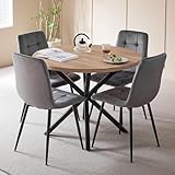 DEYARNA HOME Essgruppe 5-Teilig, 100cm Runder Esstisch und 4 Esszimmerstühle (Holländisches Vlies), Tisch und 4 Stühle für Küche, Wohnzimmer, Balkon, Restaurant, Büro (Helle Holzfarbe+Grau)