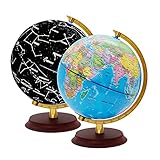 EXERZ 20cm Leuchtglobus Holzsockel - Englische Karte - Schülerglobus - Politische Karte (Tageszeit) - Konstellation Sterne (Nacht) - 2 in 1 leuchtende LED-Lampe - Spaß und Bildung