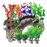 Kingrun Aquarium Wasserpflanzen, Kunststoff Pflanzen Aquariumpflanze mit Harz Höhle dekorative Brücke Landschaft für Fisch Tank Ornament Dekoration(12 Stück)