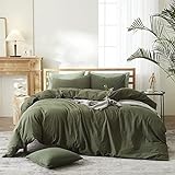 Sedefen Bettbezug 200 x 200 cm, Olivegrün, gewaschene Baumwolle, einfarbig, Bettwäsche für Doppelbett, mit Reißverschluss, Falten-Optik, Natur, Bettbezug mit 2 Kissenbezügen, 65 x 65 cm