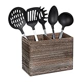 Relaxdays Utensilienhalter Küche, 2 Fächer für Küchenhelfer & Besteck, HBT 17x24x12cm, Besteckkorb aus Holz, dunkelbraun