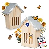 2 Stück Oramics Schmetterlingshaus aus Kiefernholz mit wetterfestem Metall Dach [Made in Europe] Schmetterlingshotel für Garten und Balkon – Schmetterling Insektenhotel zum Züchten oder zur Aufzucht