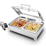 LVSEWOA Speisenwärmer für Partys, Buffets, elektrisch, Buffet-Servierplatte und Warmhalteplatte aus Edelstahl, 9 l, Chafing Dish-Buffet-Set – einstellbare Temperatur + Heizplatte, elektrisch