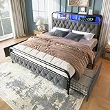 odikalo Polsterbett 160x200cm, Doppelbett, Bett mit Stauraum, mit Aufladen USB Type C Ladefunktion APP-Control LED Bettgestell Metallbett und 4 Schubladen, Grau(Ohne Matratze)