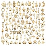 VYZUTR 100 Stück Charms Anhänger, zum Schmuck Basteln, Gemischte Anhänger Kette und Vintage Aesthetic, Armbänd Ohrringe Halskette,gold