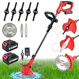 Elektrische Motorsense, kabellos, 21 V, Akku-Rasentrimmer 650 W, Rasentrimmer mit 2 Akkus & 3 Klingentypen, zusammenklappbar, schwenkbarer Kopf 90°, für Garten