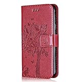 Conber Hülle für Huawei P10, PU Leder Tasche Flip Case Lederhülle Handyhülle, Vintage Katze und Baum Schutzhülle für Huawei P10 - Rot