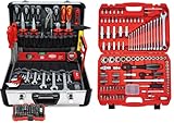 FAMEX 449-45 Universal Werkzeugkoffer 230-teilig, mit umfangreichem Werkzeug-Set bestückt gefüllt, mit Steckschlüsselsatz 4-32mm, Koffer mit Einstecktaschen mit Platz für weiteres Werkzeug