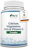 Calcium Magnesium Zink Hochdosiert - 365 Vegetarische Tabletten - 6 Monate - Kalzium Complex mit Vitamin D, Selen, Mangan, Bor & Kupfer - 800mg Calciumcarbonat pro Tagesdosis - Nu U Nutrition