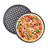 Relaxdays Pizzablech, 2er Set, rund, gelocht, antihaft, Pizza & Flammkuchen, Carbonstahl, Knusperblech, ∅ 32 cm, grau