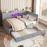 Kebnor Schlafsofa, Daybett, Tagesbett, Ferngesteuerte Ambientebeleuchtung, Bettseitiges Staufach, Ausziehbares Bett, Steckdose + USB(Ohne Matratze) (Grau, 140 * 200cm)