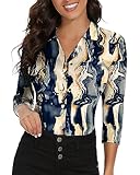 Soneven Poloshirt Damen Langarm 3/4 Arm Golf Polo Oberteil Bluse Damen Sommer Elegant Blusenshirt Damen mit V-Ausschnitt Business Hemdbluse Casual T-Shirt Crack-Druck XL