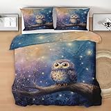 Generisch Bettwäsche 3 Teilig 150x200 Süße Eule, Sternenhimmel Wendebettwäsche, Fantasie Eule Bettbezug Microfaser mit 1 Kissenbezug und Reißverschluss