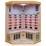 Dewello® Infrarotkabine Infrarotsauna Brandon 120cm x 120cm Dual-Therm für 1-2 Personen aus Hemlock Holz mit Vollspektrumstrahler, Bodenstrahler, LED-Farblicht, Bluetooth, FM,MP3,USB