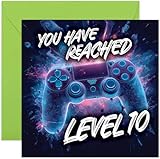 Geburtstagskarte zum 10. Geburtstag für Gamer, 'You've Reached Level 25.4 cm, Neongrafik-Design, für Jungen und Mädchen, für Gamer, Enkel, Sohn, Tochter, Enkelin, innen blanko, mit Umschlag