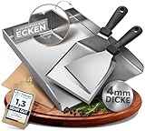 flammtal - Grillplatte aus 4mm rostfreiem Edelstahl [40 x 30cm] - Plancha mit Grillspachtel Set & Burgerpapier - passend für Gas- & Kohlegrill - auslaufsichere Ecken für sauberes Grillen