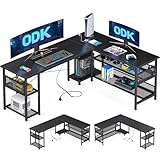 ODK Gaming Tisch, 168×120cm Reversibel Gaming Schreibtisch mit 2 Steckdosen und 2 USB Ladeanschluss, Eckschreibtisch mit Maximale Organisation & Stauraum, Schwarz