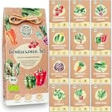 Bio Gemüse Samen Set - 12 Sorten Gemüsesamen aus biologischen Anbau, samenfestes Gemüse Saatgut, Bio Gemüsesamen Set für das Hochbeet, Garten, Balkon und Küche, 12er Pflanzensamen Set