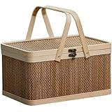 Tagtight Bambus Picknickkorb Einkaufskorb mit Deckel und, Geschenkkorb Naturfreundlicher, Obstkorb Gemüse Brot Korb, Geflochten Snackskorb für Familien, Camping, Picknick, 30 * 20 * 16cm