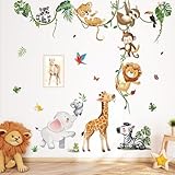 decalmile Wandtattoo Dschungel Tiere Reben Wandaufkleber Giraffe Löwe Affen Elefant Safari Tiere Wandsticker Kinderzimmer Babyzimmer Schlafzimmer Wanddeko